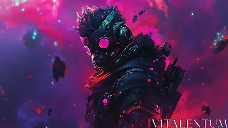 Neon-masked wanderer in glowing cosmic stormscape.