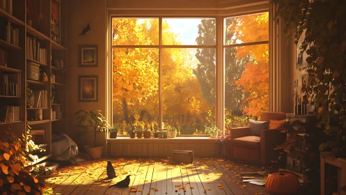 Cozy autumn reading nook glowing with gentle golden light.