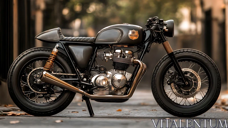 Custom cafe racer motorcycle in urban street setting.