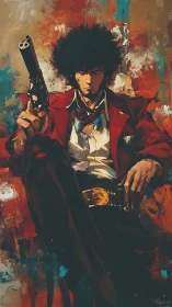 Gun-wielding drifter dominates gritty abstract canvas.