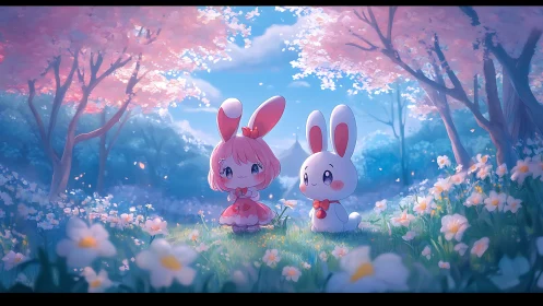 Gentle bunny friends share a pastel spring moment together