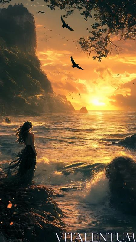 Solitary woman studies stormlit golden ocean sunset