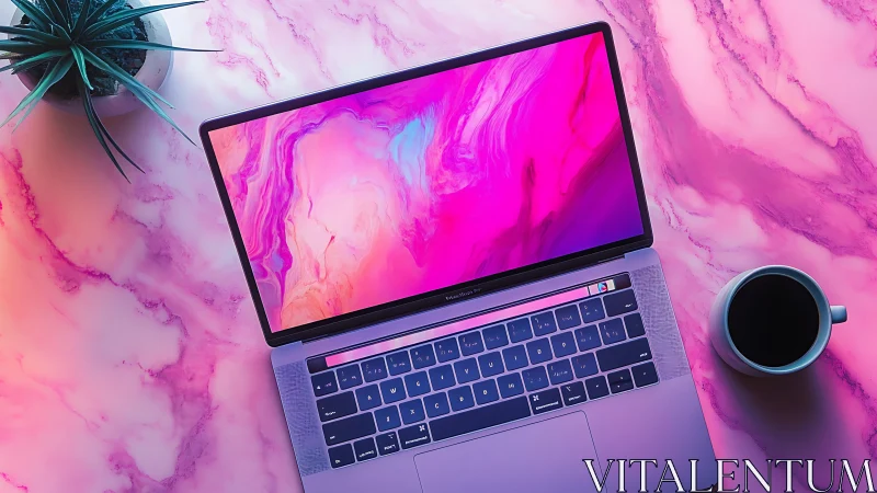 Vibrant laptop workspace under neon pink gradient lighting.