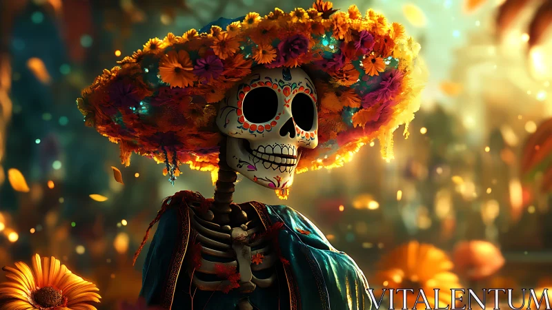 Calavera portrait in marigold hat glows in warm bokeh haze