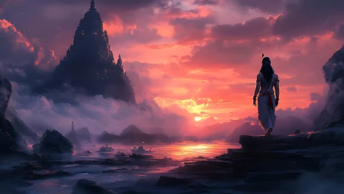 Solitary figure walks toward distant mountain temple at dusk