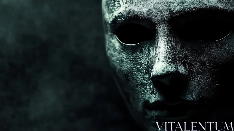Weathered metallic mask fills dark, high-contrast frame