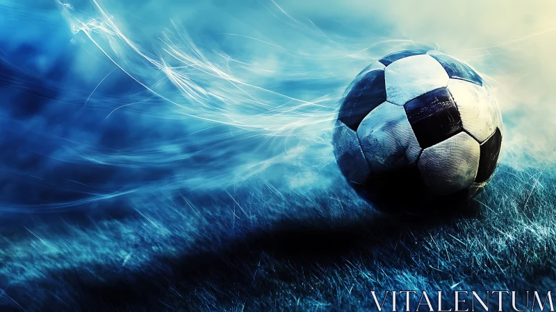 Kinetic soccer ball with luminous motion trails on wet turf.