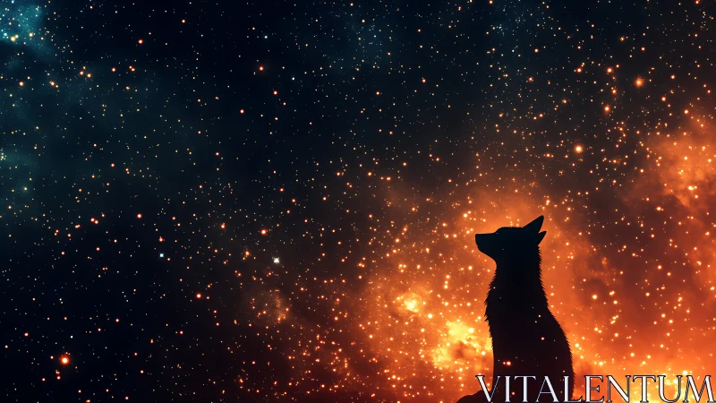 Silhouette of lone wolf against bright star filled cosmos.