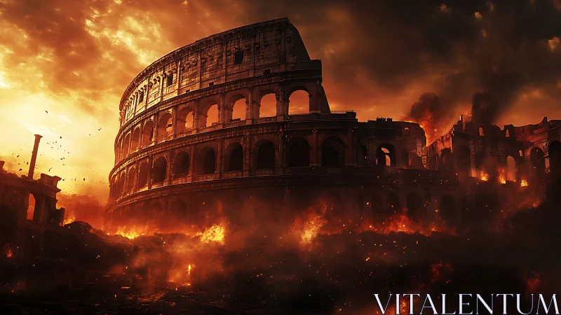 Colosseum ablaze beneath a wrathful apocalyptic sky.