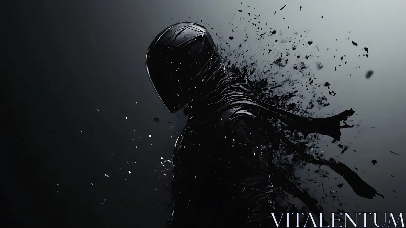 Fragmenting cyberpunk silhouette in dynamic dissolving profile.