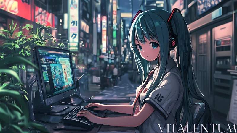Night-time anime workstation scene with dual-light urban ambience