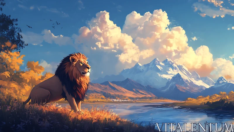 Lion overlooks river valley beneath radiant alpine clouds.