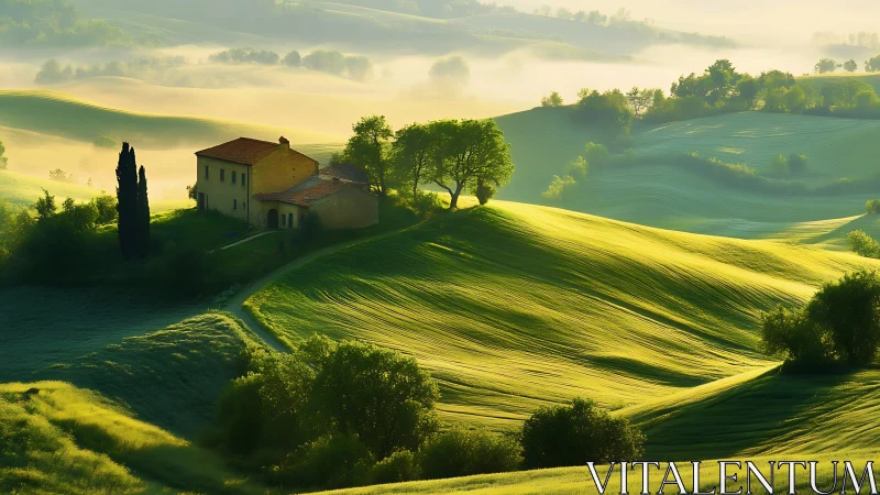 Sunlit farmhouse crowns misty green rolling hills at dawn