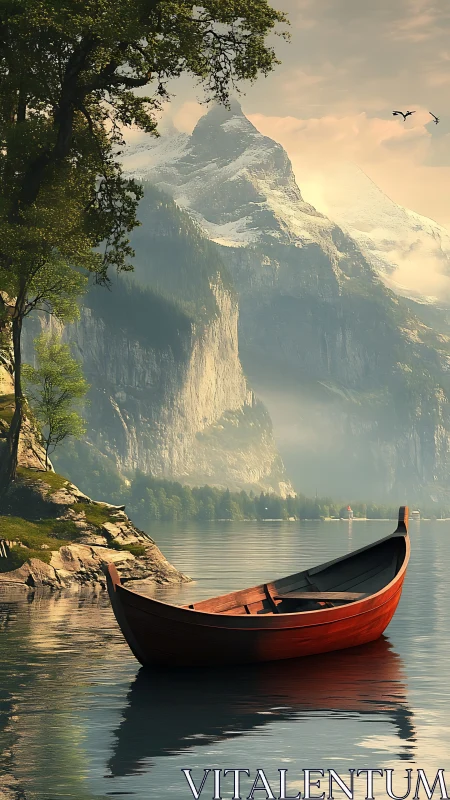 Sunlit wooden rowboat rests on alpine lake under towering peaks