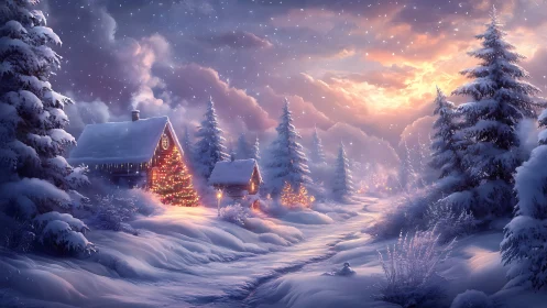 Snowy Christmas cabins under glowing winter sunset.