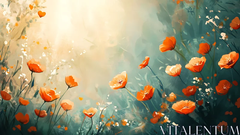 Sunlit poppies lean into a painted breeze of turquoise air