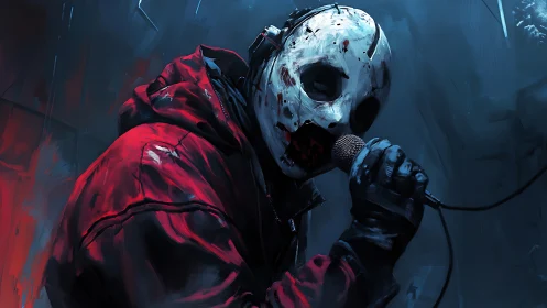 Masked vocalist in blood‑streaked hooded jacket performing.