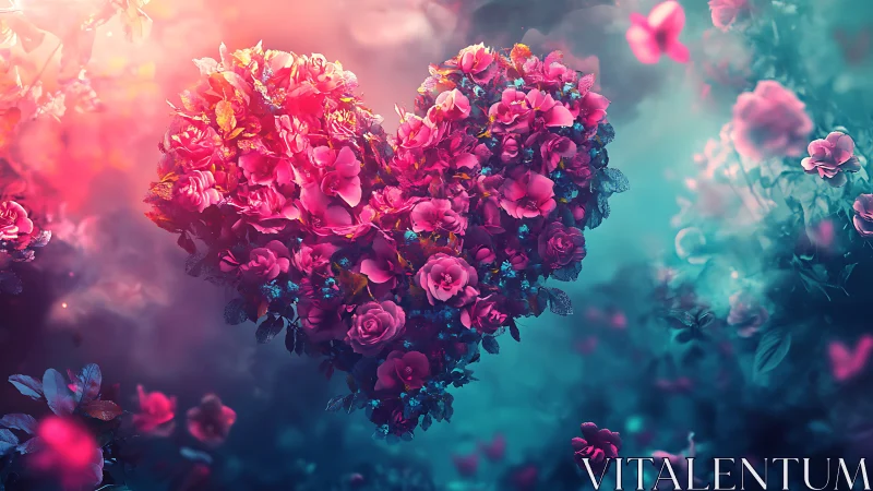Heart-Shaped Floral Cluster with Luminous Pink and Teal Gradient
