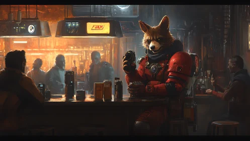 Anthropomorphic fox astronaut sits in crowded cyberpunk bar