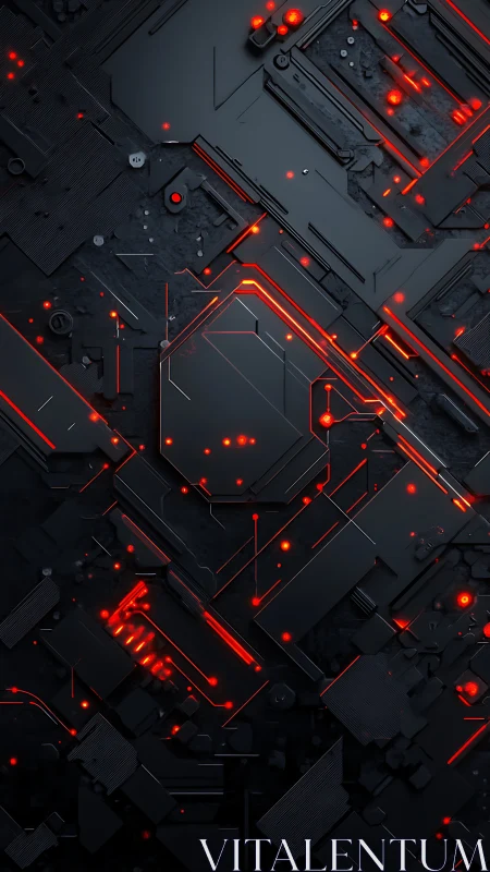 Futuristic black circuit board with red illuminated traces.