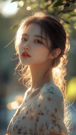 Backlit portrait in golden hour bokeh garden light.