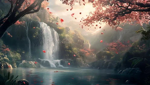 Serene waterfall with cherry blossoms over calm blue lake.