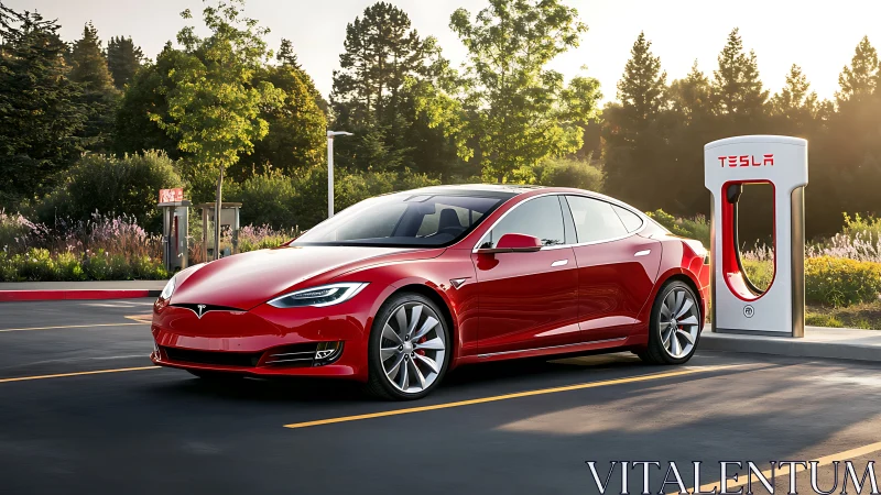 Red electric sedan is parked beside a branded fast charger