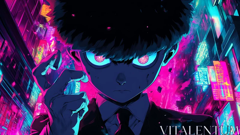 Psychic adolescent in neon cyberpunk alleyway, frontal close-up