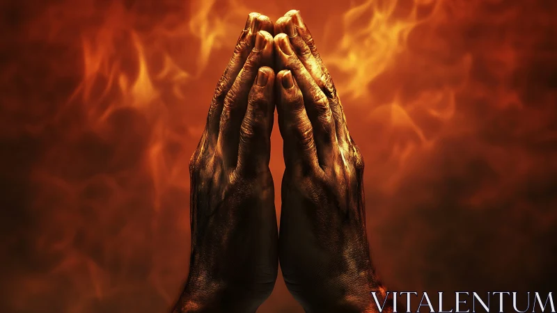 Hands pressed in prayer gesture against intense fiery flames