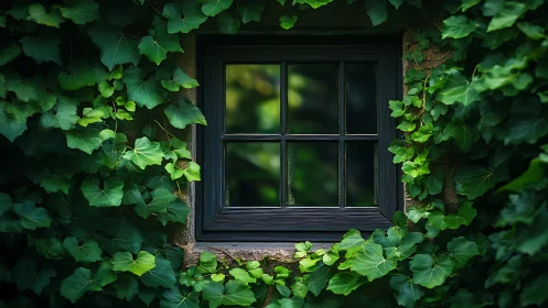 Ivy-wrapped cottage window quietly rehearses forest dreams
