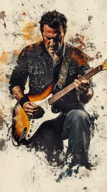 Rock guitarist locks into solo amid explosive paint textures.