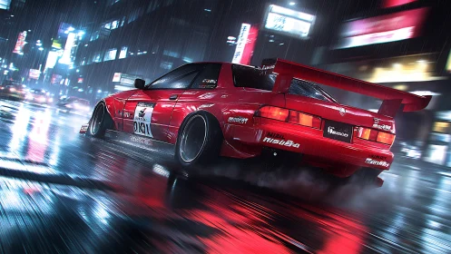 Red drift car slides through wet neon city street at night