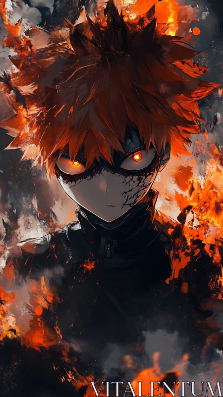 Fiery anime-style masked character stands in burning embers