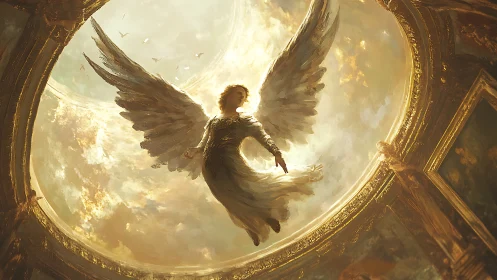 Radiant winged angel rising within ornate golden dome.