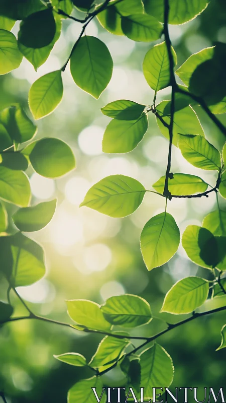 Sunlit green leaves with soft forest bokeh background.
