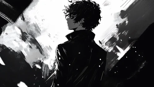 Silhouetted youth in monochrome ink-stroke abstraction stands alone