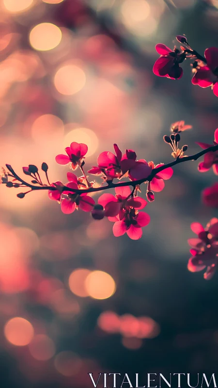 Vivid magenta blossoms backlit with bokeh luminescence