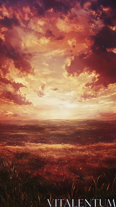 Sunset sky dominates distant plains and glowing grassland
