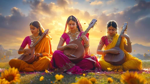 Three sitar players in vibrant saris under golden sunset sky
