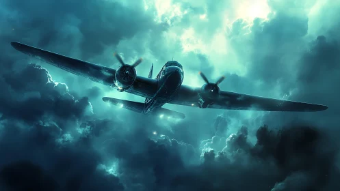 Stormlit vintage aircraft soaring through glowing clouds.