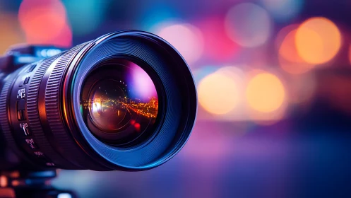 Close-up of DSLR camera lens with colorful city bokeh.