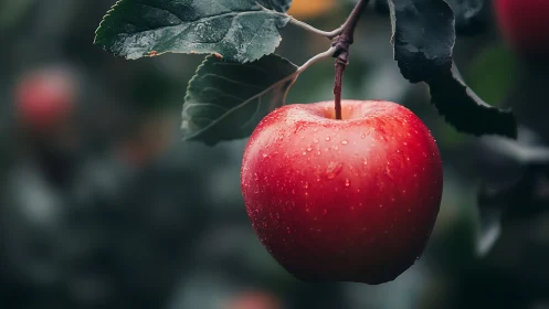 Ripe red apple hanging gently among cool green leaves.
