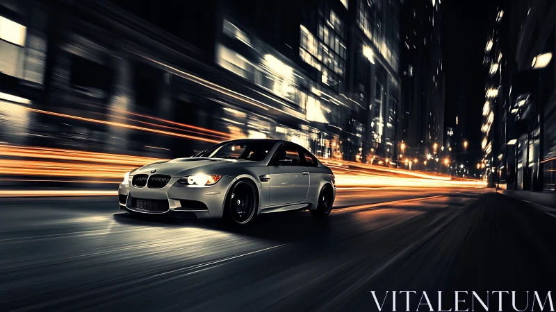 Silver sports coupe accelerates through neon-lit urban corridor