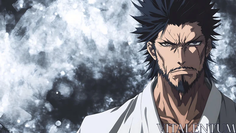 Stoic anime warrior rendered against abstract icy bokeh field