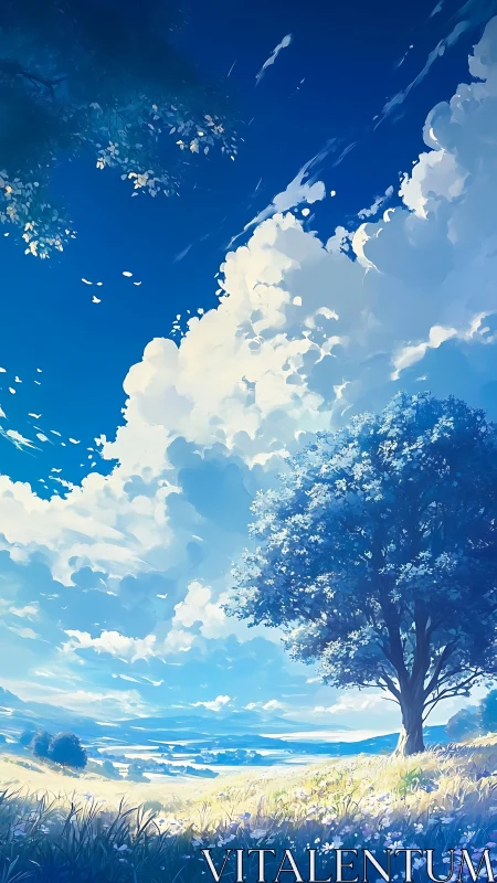 Quiet summer hillside beneath billowing storybook clouds.