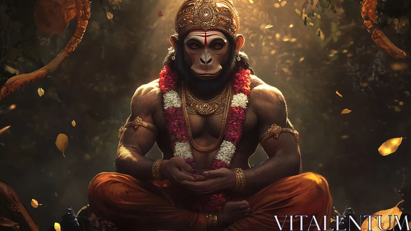 Forest-lit monkey deity folds power and peace together