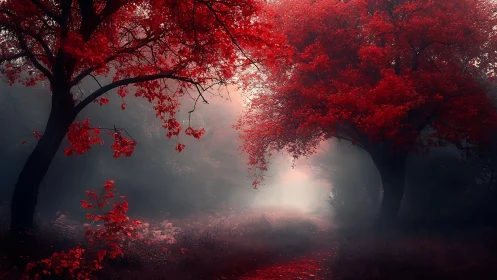 Scarlet forest path dissolves into atmospheric luminous fog