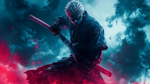 Brooding cyber samurai wrapped in neon stormlight and shadow.