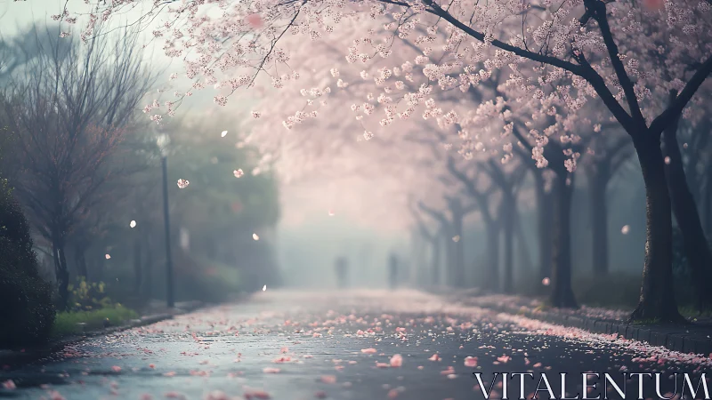 Foggy urban pathway lined with pink cherry blossom trees.