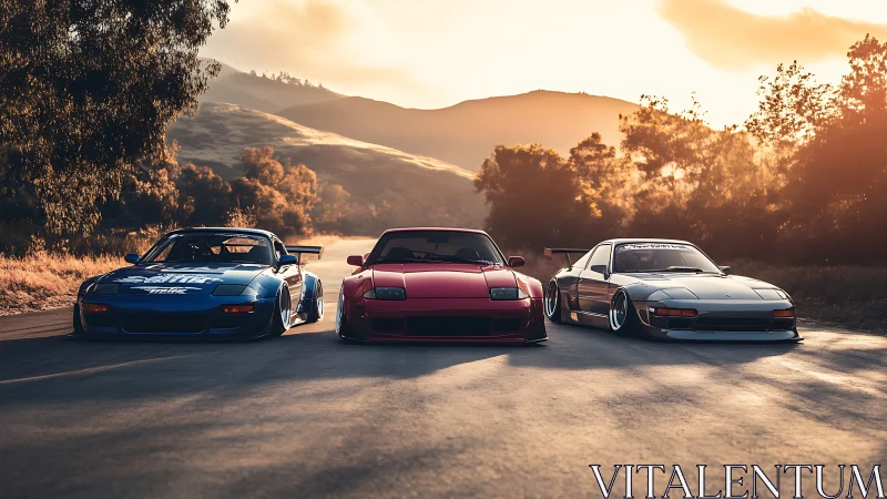 Three modified sports cars aligned on sunlit country road.